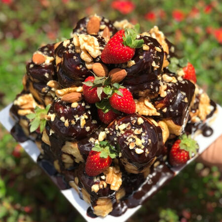 Cinnamon rolls tower with dark choc, strawberries and nut chunks (RM100 - including deco, ribbon and transparent marble box)