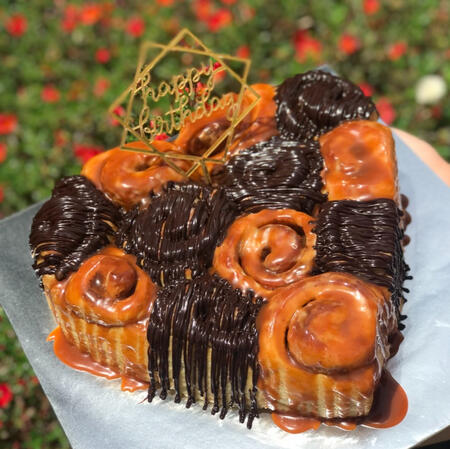 Heart-shaped cake rolls with salted caramel and dark choc toppings (RM 65 - half serving, RM105 - full serving)